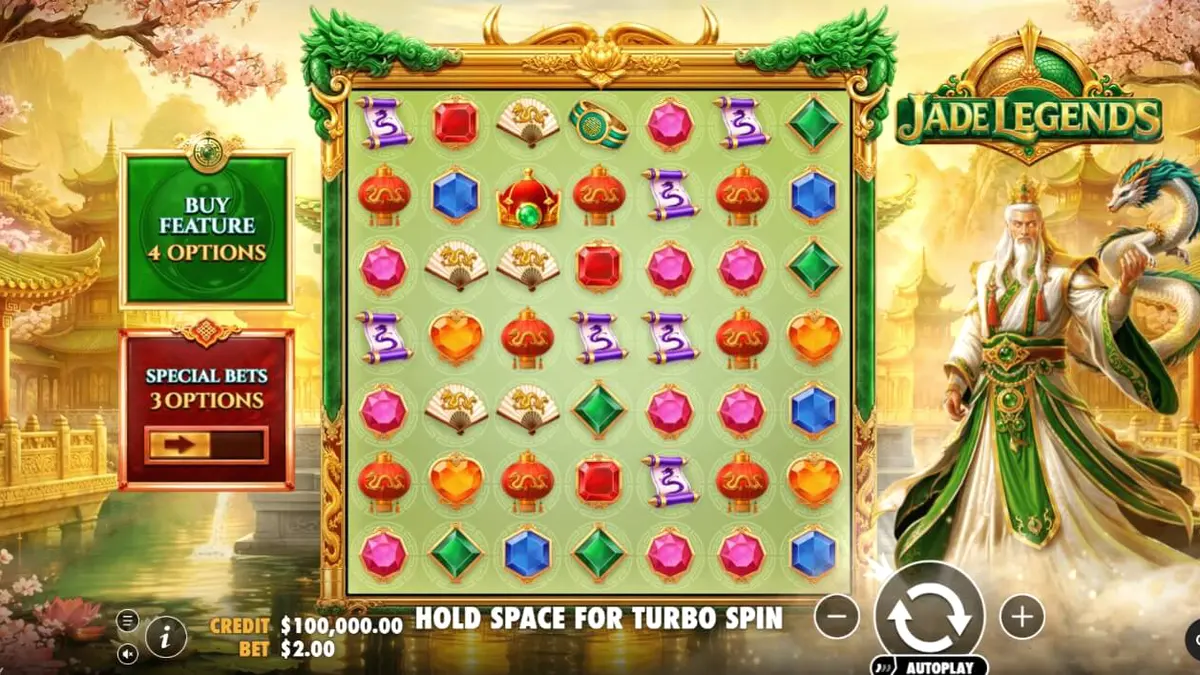 Tampilan layar permainan slot Jade Legends dengan naga emas dan simbol permata