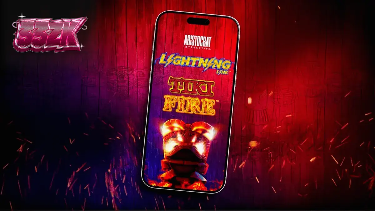 Tampilan visual permainan slot Tiki Fire dengan elemen bertema Polinesia